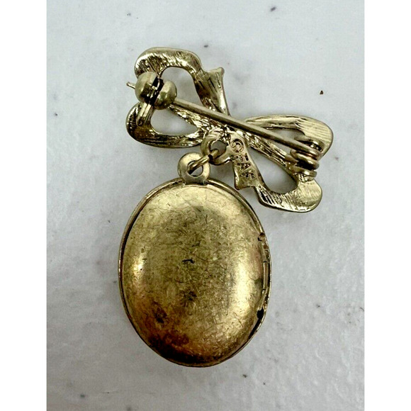 Vintage FAF‎ Pale Gold Tone & Crystal Bow & Grandma Picture Locket Brooch - Picture 2 of 4